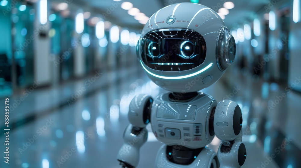 A medical robot, designed to assist doctors with diagnoses, stands in a modern clinic setting. Its sleek white design and glowing blue eyes suggest a futuristic approach to healthcare. A medical robot, designed to assist doctors with diagnoses, stands in a modern clinic setting. Its sleek white design and glowing blue eyes suggest a futuristic approach to healthcare.
