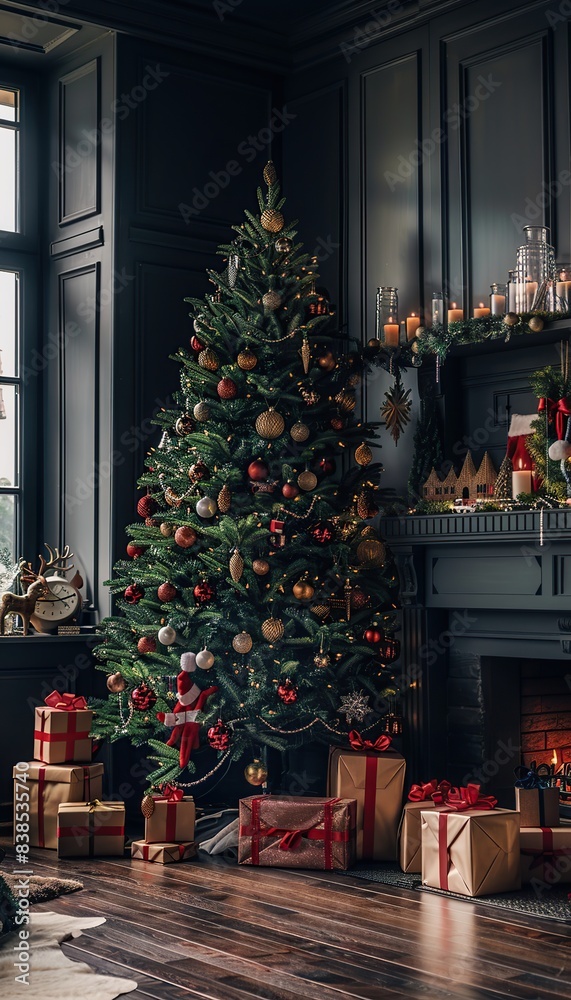 New Year's modern interior, with a large Christmas tree, fireplace, large sofa and panoramic window