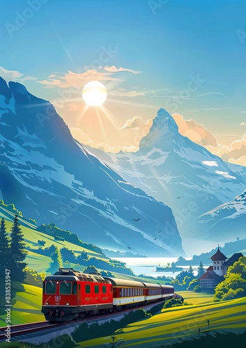 Scenic train journey through picturesque mountain landscape with a bright sun, lush green fields, and a charming village.