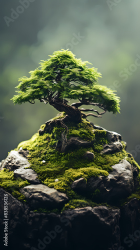 A small tree grows on a mossy rock © jiejie