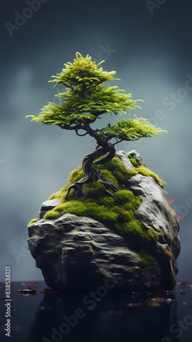 A small tree grows on a mossy rock © jiejie
