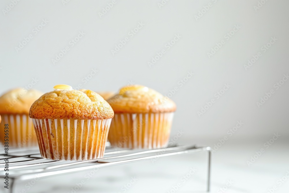 Muffin White Background. Close up of Baked Muffins on Cooling Rack with Copy Space Muffin White Background. Close up of Baked Muffins on Cooling Rack with Copy Space