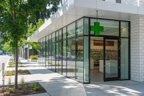 pharmacy storefront with glass windows and green cross symbol. Contemporary healthcare retail building exterior with clean design, located in urban city area along a sidewalk