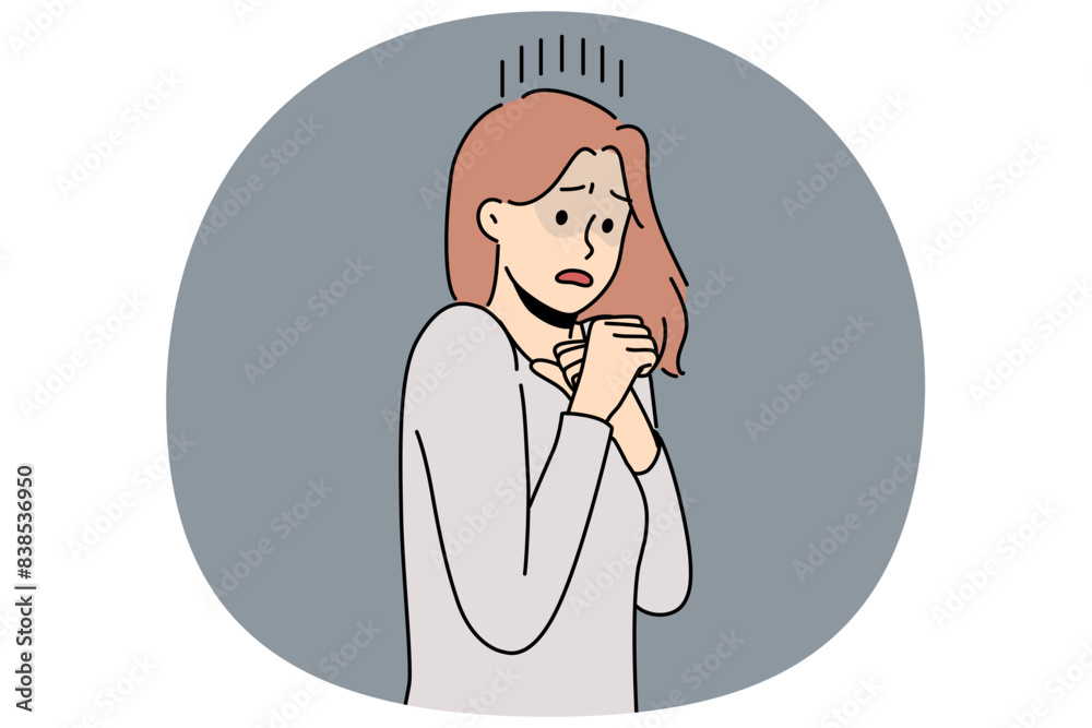 Frightened woman is afraid of resounding sounds or movements and is panicking due to psychological health problems. Frightened young girl needs protection or treatment for panic attacks