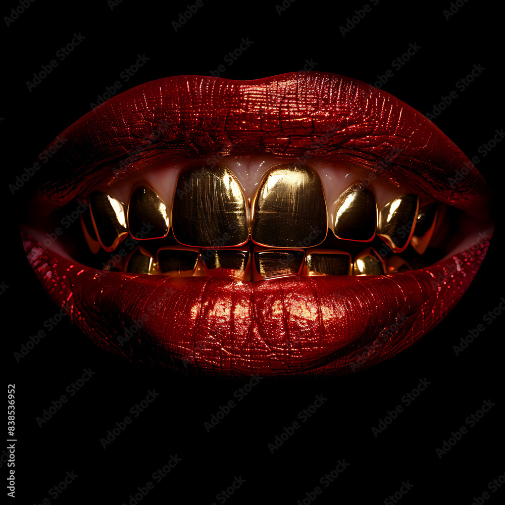 Mouth, smile, with bright red lips and gold teeth on a black background.