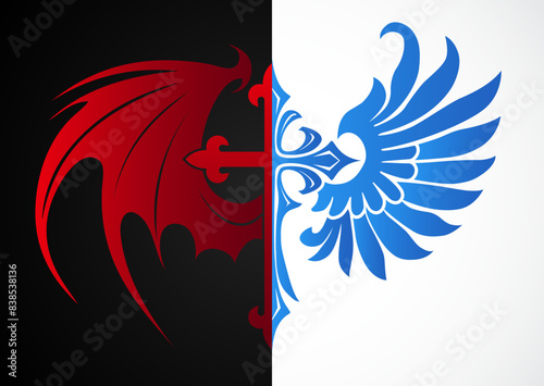 cross with demon and bird wing, good bad opposite religious symbol, red blue color illustration