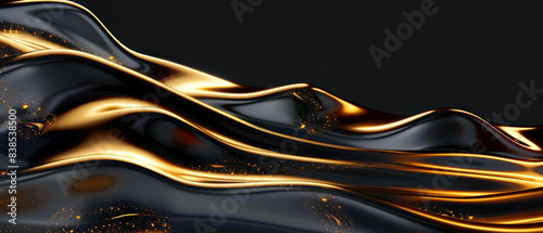 Luxury black oil background, gold shine of wave of dark liquid, abstract panoramic pattern. Theme of color, power, energy, engine photo