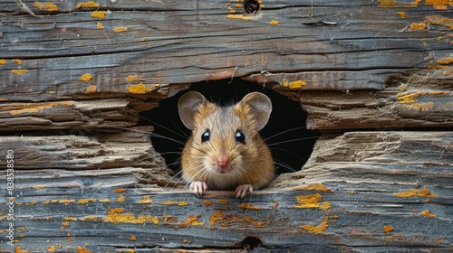 With curious eyes, this mouse gazes out from a knothole in a piece of weathered wooden architecture photo
