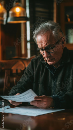 A senior man wearing glasses sits at a table in a dimly lit room. He is reading documents, and the soft light from a lamp illuminates his face