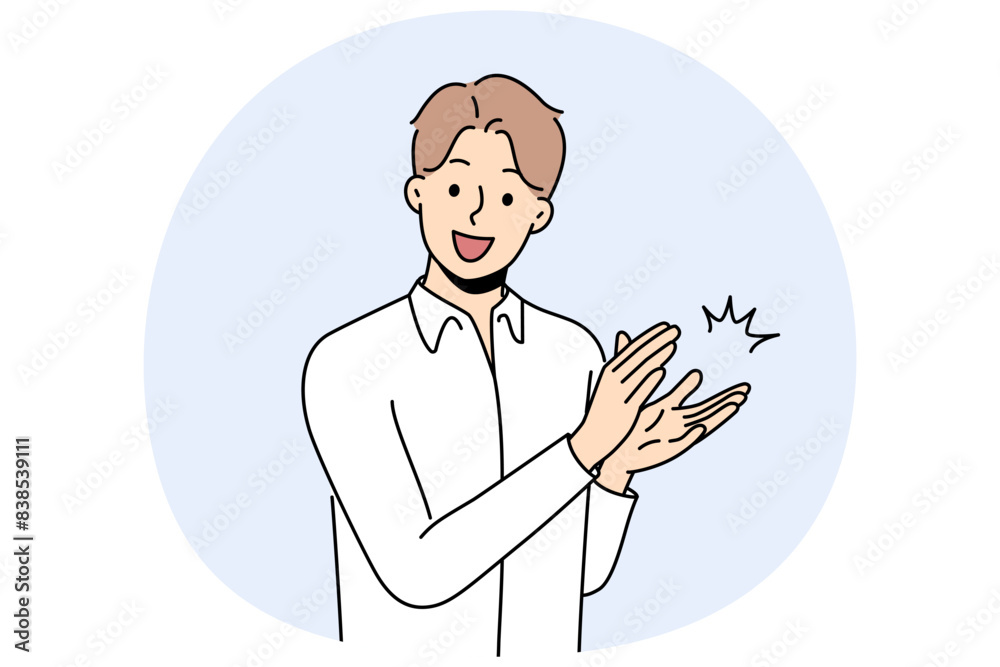 Man claps and applauds to show support or appreciation for successful colleague who has been promoted. Guy applauds you as sign of pride and makes shouts of approval looking at screen.