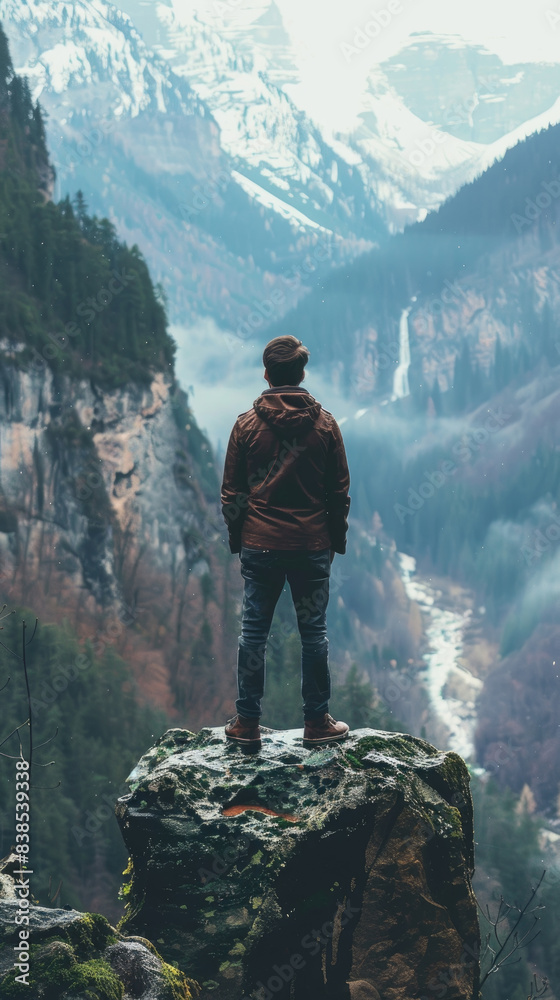 Alone man stands on rocky cliff, looking out at vast mountain valley with waterfall in distance. snowy peaks of the mountains are visible in background, and the valley is shrouded in light mist