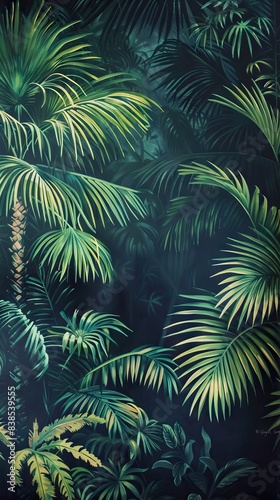 Beautiful nature background of vertical garden with tropical green leaf. Mural wallpaper. AI generated illustration