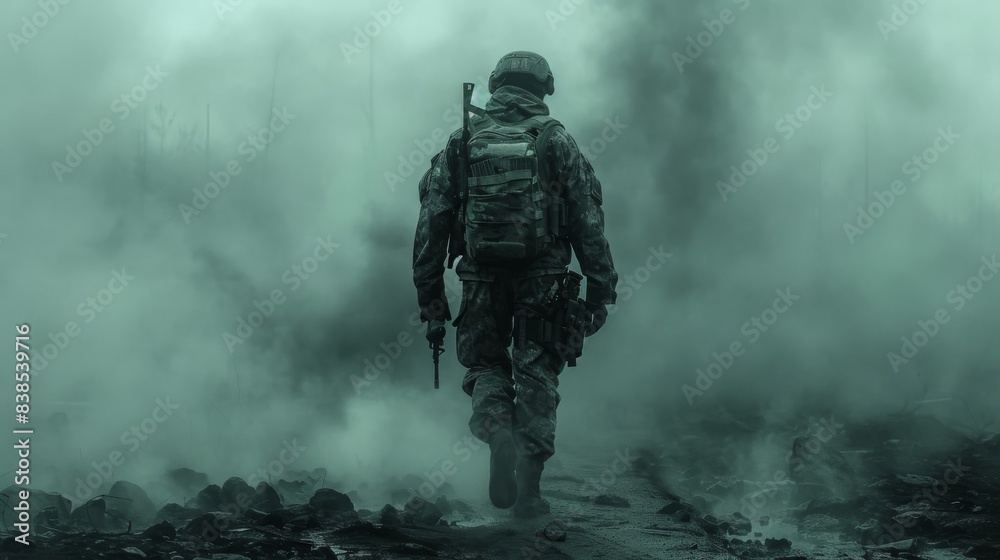 An evocative image of a soldier walking through a smoke-filled, war-torn environment, signifying devastation