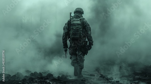 An evocative image of a soldier walking through a smoke-filled, war-torn environment, signifying devastation © familymedia