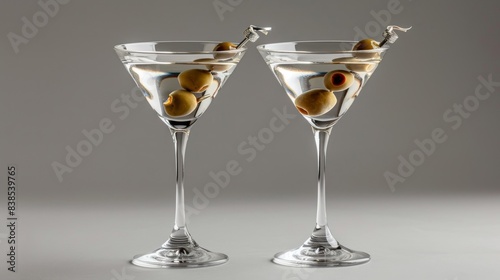 Classic martini glasses with green olives against a simple white background, portraying an elegant social setting