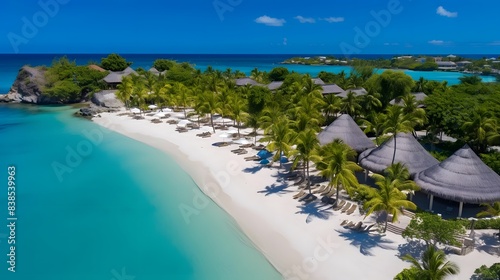 Aerial view of beautiful tropical beach with palm trees  turquoise water and white sand.