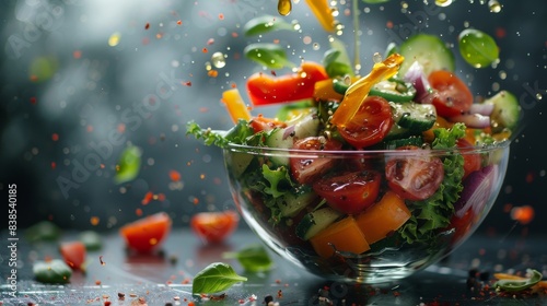 Colorful mixed salad with ingredients thrown into air and water splash