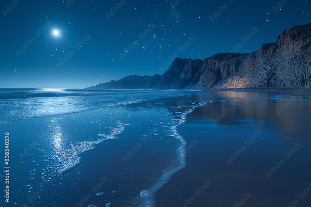 Naklejka premium Moonlight illuminating the jagged rocks and smooth sand of a cove, with gentle waves lapping at the shore and the distant call of nocturnal creatures echoing in the air