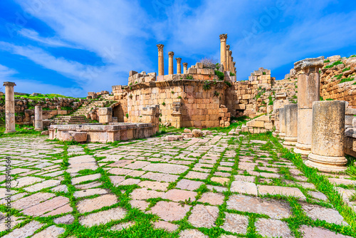 Jerash Archeological City, Jordan: Fountain Court and Church of St. Theodore in the ancient roman city of Gerasa modern Jerash, a roman decapolis city. Middle East travel destination photo