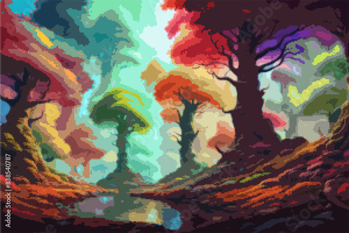 Background with a colorful landscape in pixel art style