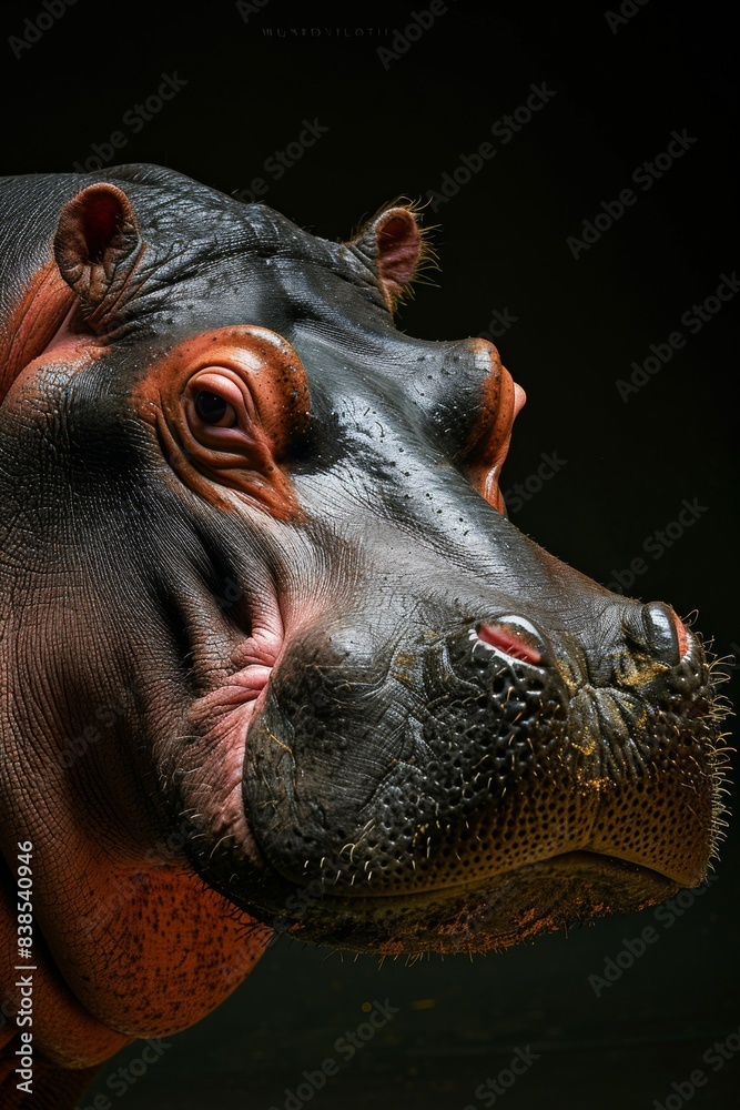 Mystic portrait of Pygmy Hippopotamus in studio, copy space on right side, Anger, Menacing, Headshot, Close-up View Isolated on black background Mystic portrait of Pygmy Hippopotamus in studio, copy space on right side, Anger, Menacing, Headshot, Close-up View Isolated on black background