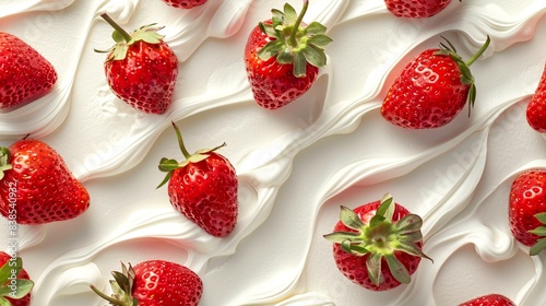 Fresh red strawberries on whipped cream background. Close-up image with vibrant red and white colors. Designed for food and dessert themes. Ideal for culinary blogs or advertising campaigns. AI