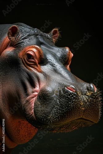 Mystic portrait of Pygmy Hippopotamus in studio  copy space on right side  Anger  Menacing  Headshot  Close-up View Isolated on black background