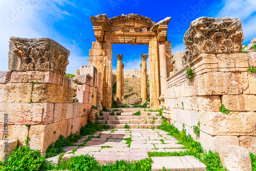 Jerash Archeological City, Jordan: The cathedral gate in the ancient roman city of Gerasa modern Jerash, a roman decapolis city. Middle East travel destination
