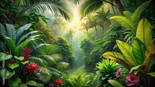 Lush tropical jungle with vibrant green foliage and exotic flowers  tropical  jungle  foliage  rainforest  vibrant  green  lush  exotic  flowers  plants  wilderness  wild  nature  scenery