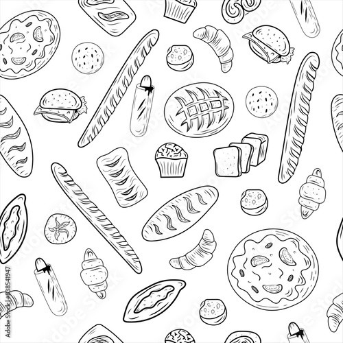 Bakery doodle seamless pattern isolated on white background. Line art food elements. Vector illustration. Design for backdroup, textile, wallpaper, wrapping, menu, cafe, restaurant. 