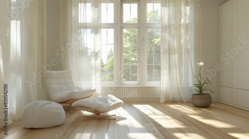A room with a white chair and ottoman in front of the window, AI