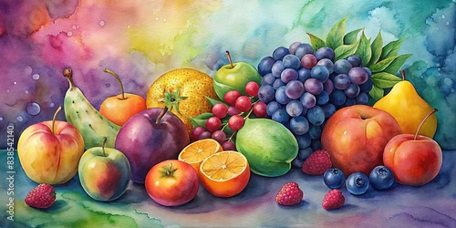 Watercolor set of various fruits on background, watercolor, fruits, set,painting, colors, vibrant, healthy, design, decor, art, food, apple, banana, orange, mango, pear, peach, lemon photo