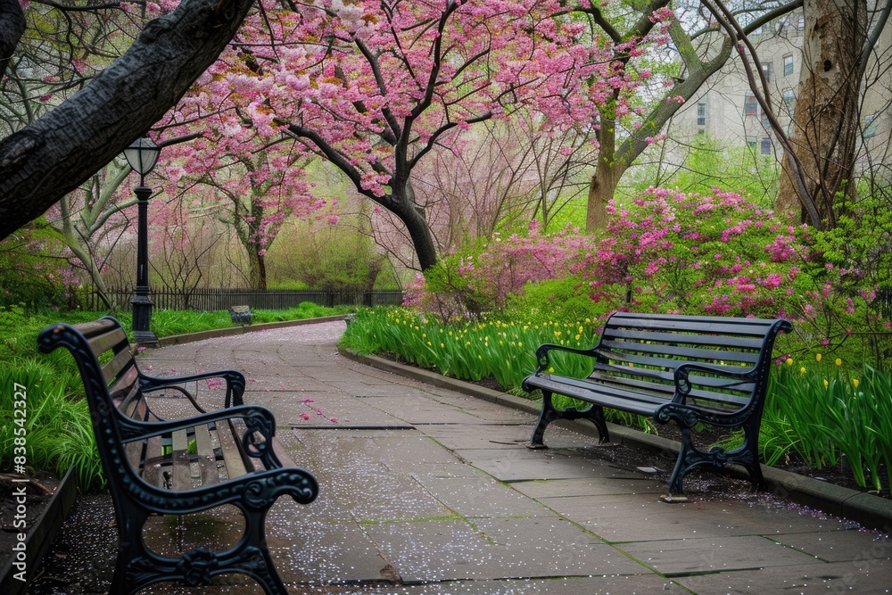 NY Landscape. Cherry Blossom Trees with Park Benches in the Heart of Manhattan NY Landscape. Cherry Blossom Trees with Park Benches in the Heart of Manhattan