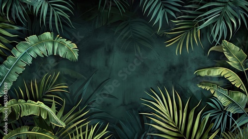 Beautiful nature background of vertical garden with tropical green leaf. Mural wallpaper. AI generated illustration