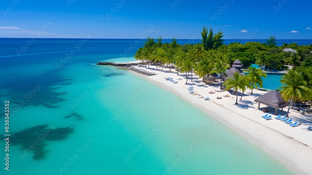 Aerial panoramic view of tropical beach with palm trees and umbrellas