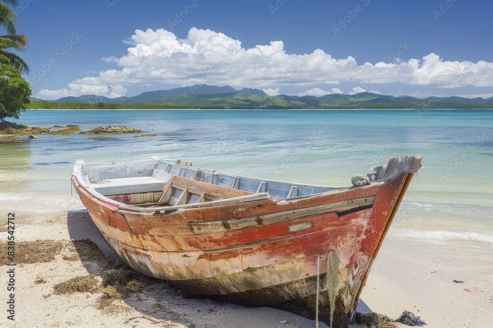 Old Wooden Boat. Retro Fisherman's Boat on Beach in Las Galeras, Dominican Republic Old Wooden Boat. Retro Fisherman's Boat on Beach in Las Galeras, Dominican Republic