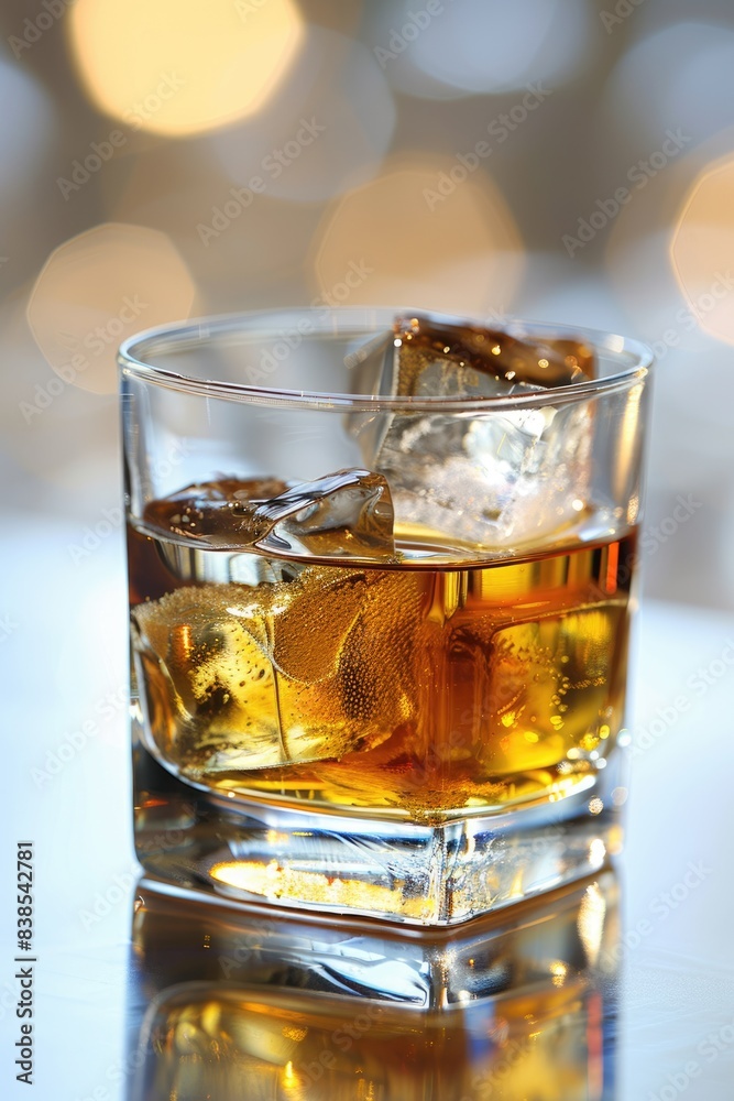On The Rocks Drink. Whiskey Tumbler Glasses with Ice Cubes and Release of Flavor