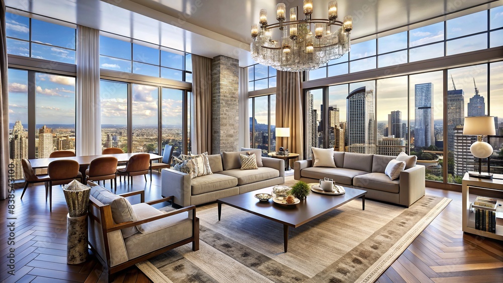 Luxury penthouse living room interior in NYC , penthouse, luxury, contemporary, modern, elegant, upscale, design, interior, lifestyle, wealth, urban, city, high-end, chic, stylish