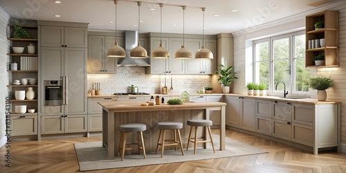 rendering of a beige and grey Scandinavian kitchen with island and glass lamps  Scandinavian  kitchen  interior design  rendering  beige  grey  island  glass lamps  modern  minimalistic