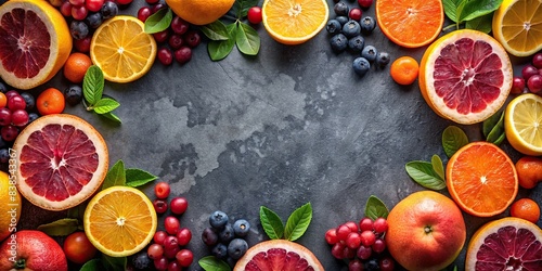 Creative layout made of grapefruits, oranges, and berries on a food background , citrus, colorful, vibrant, fruits, fresh, healthy, organic, refreshing, juicy, arrangement, artistic
