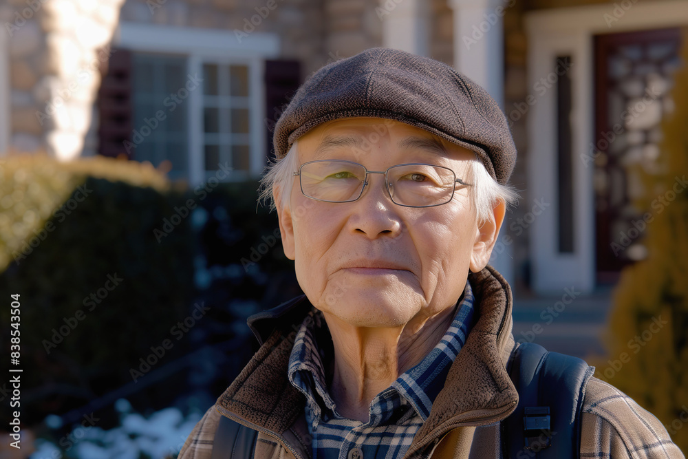Fototapeta premium Elderly Asian Man Outdoors in Suburban Neighborhood