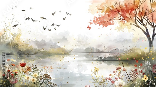 Beige background  fog  humpback bridge  flowering tree branch  birds. Mural wallpaper. AI generated illustration