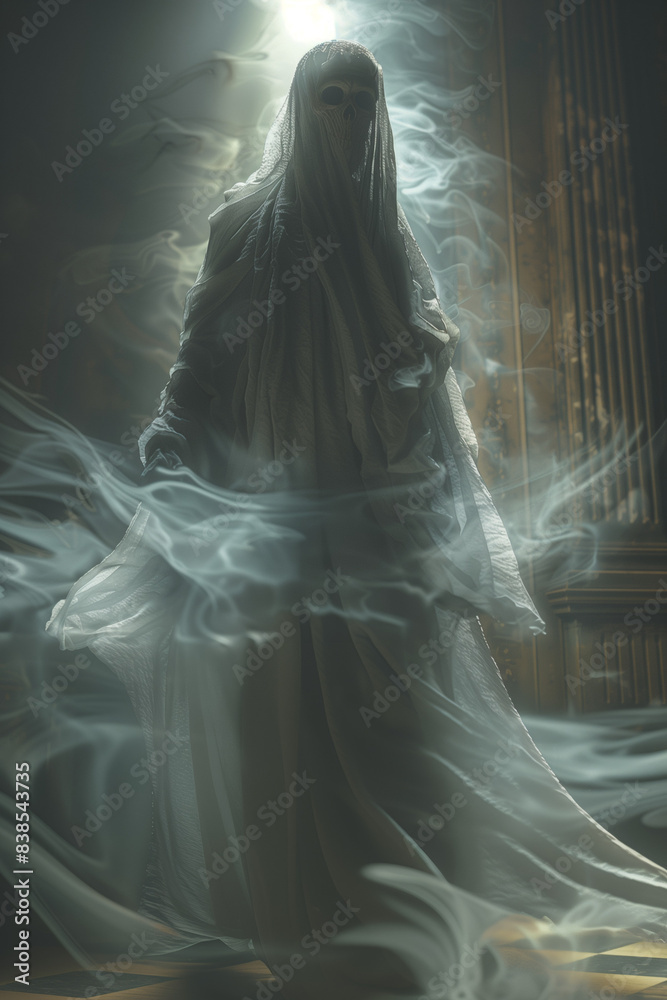 A ghost covered by a white sheet, smoke aura, back light, copy space, Generative AI. A ghost covered by a white sheet, smoke aura, back light, copy space, Generative AI.