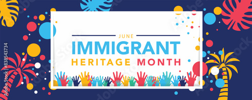June is Immigrant Heritage Month geometric shape pattern background design template. Holiday concept. use to background, banner, placard, card, and poster design template with text inscription. 