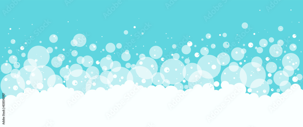 Cartoon foam bubble background, bath soap border, blue shower water pattern, laundry white suds. Abstract washing vector illustration Cartoon foam bubble background, bath soap border, blue shower water pattern, laundry white suds. Abstract washing vector illustration