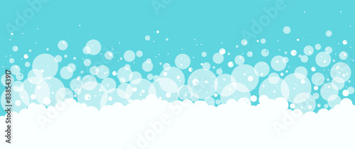Cartoon foam bubble background, bath soap border, blue shower water pattern, laundry white suds. Abstract washing vector illustration