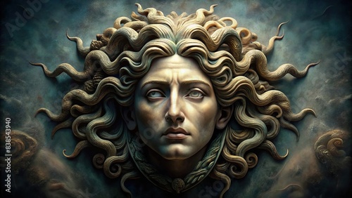 Gloomy and awe-inspiring depiction of the head of the Gorgon Medusa from ancient mythology , Medusa, Gorgon, mythology, horror, fright, monster, snakes, mythology, eerie, scary, terrifying photo