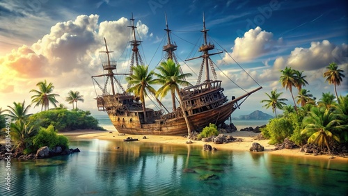 A deserted pirate island with abandoned shipwrecks and hidden treasure, pirate, island, shipwrecks, hidden treasure, adventure, exploration, deserted, ocean, tropical photo