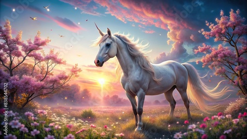 Surreal scene of a unicorn surrounded by pink flowers under a pastel sunset sky   unicorn  pink  flowers  surreal  pastel  sunset  dreamy  fantasy  magical  enchanting  mystical  fairytale