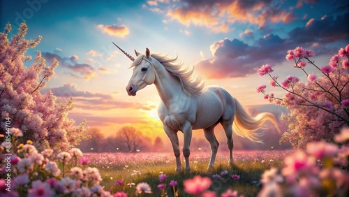 Surreal scene of a unicorn surrounded by pink flowers under a pastel sunset sky , unicorn, pink, flowers, surreal, pastel, sunset, dreamy, fantasy, magical, enchanting, mystical, fairytale © Sompong